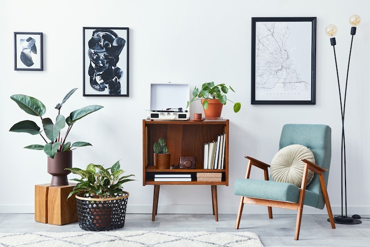 Foto moderne retro compositie van woonkamer interieur met design houten kast, stijlvolle fauteuil, posterkaart, planten, vinylrecorder, boeken en persoonlijke accessoires in woondecoratie.