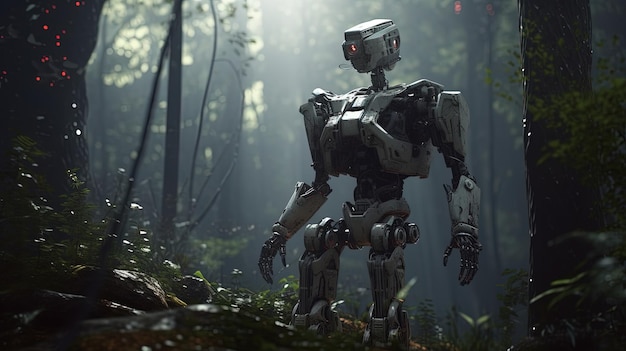Moderne robot in de illustratie van de bos digitale kunst Generatieve AI