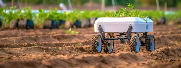 Moderne robot in de landbouw Veldwerk groeiende planten zonder chemicaliën Concept van duurzame economiebanner met kopieerruimte gemaakt met generatieve AI