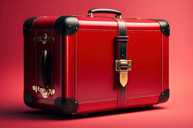 Moderne rode koffer op een rode achtergrond