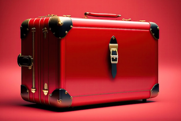 Moderne rode koffer op een rode achtergrond