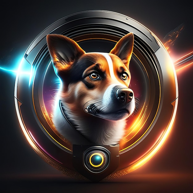 Moderne ronde logo met hond en details in goud en licht op de achtergrond Generatieve AI