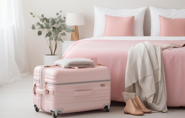 Moderne roze koffer op wit bed op witte slaapkamer achtergrond