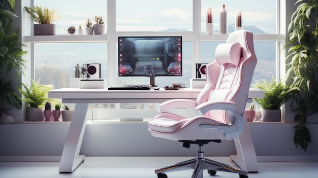 moderne roze lichte slaapkamer met gamingstoel en monitordisplay