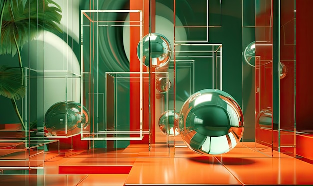 Moderne ruimte met glasmorfistische elementen versierd met een betoverend glasdecor en natuurlijke schoonheid Abstracte glazen bollen en palmboom AI Generatief