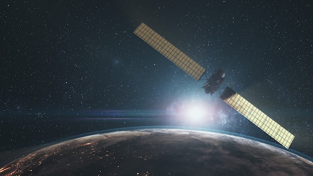 Moderne ruimtesonde die dichtbij roterende planeet vliegt. Rosetta boven de aarde verlichtte het vasteland in de kosmos. Skyline van de opkomst van de zon. 3D render animatie. Wetenschapstechnologie. Elementen van deze media geleverd door NASA.