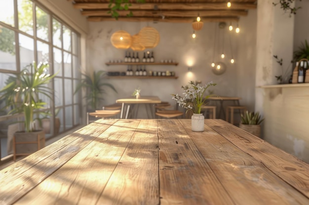 Moderne rustieke eetkamer met natuurlijke houten tafel, hangende Edison-lampen en groen in een zonlicht