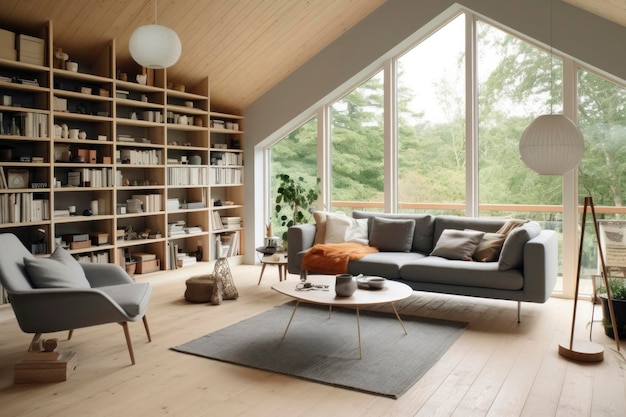 Moderne Scandinavische woonkamer met een grote boekenplank en uitzicht op het bos
