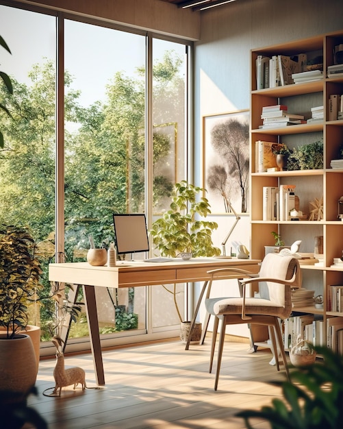 Foto moderne schoonheid thuis kantoor bureau groene planten ontspannen en goede energieën ruimte student en werknemer droom