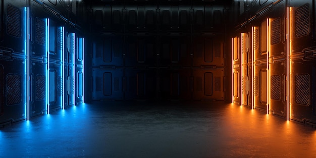 Moderne Sci Fi Lege Podium Podium Opslag Kamer Neon Elektrisch Licht Gloeiende Panelen Muur Op Beton Cement Vloer Abstracte Achtergronden 3D Render Illustratie