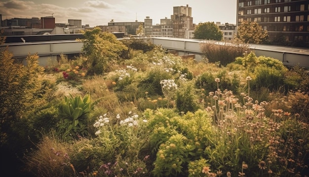 Moderne skyline van de stad in de schemering natuurgroei tegen architectuurachtergrond gegenereerd door AI