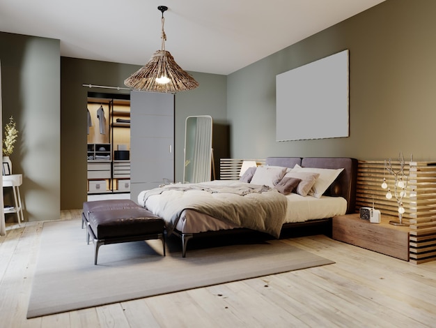 Moderne slaapkamer in loftstijl met een trendy bed en hangstoel. 3D-weergave.