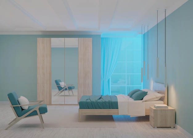 Moderne slaapkamer interieur met blauwe muren. Nacht. Avond verlichting. 3D-weergave.