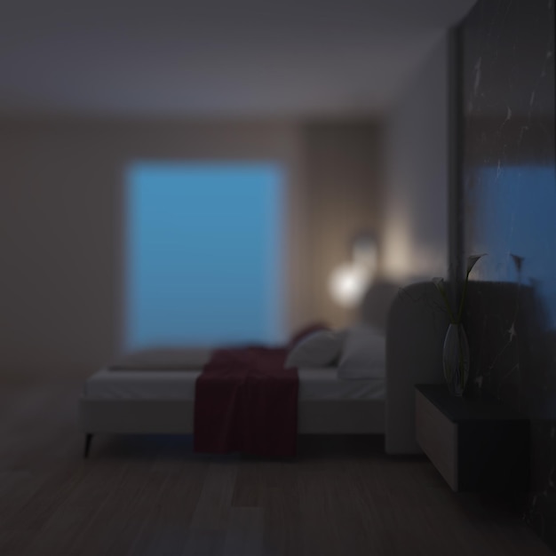 Moderne slaapkamer interieur. Nacht. Avond verlichting. 3D-weergave.