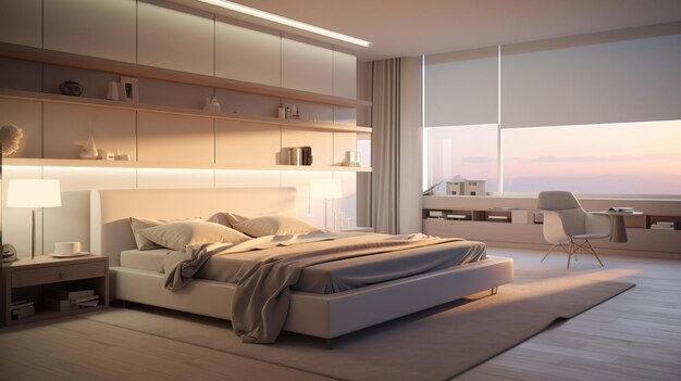 Moderne slaapkamer interieur zonsondergang licht in de ramen