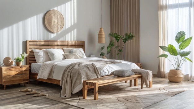 Moderne slaapkamer interieurontwerp kamer met houten meubels en planten gezellige boho rustieke stijl thema van hout huis decor lichte bruine kleuren