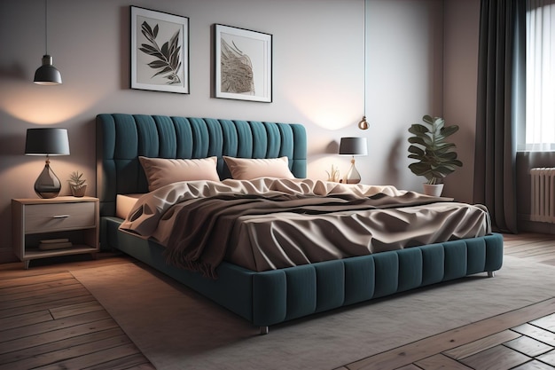 Moderne slaapkamer interieurontwerp met grijze muren houten vloer comfortabel king size bed met twee kussens ai generatief