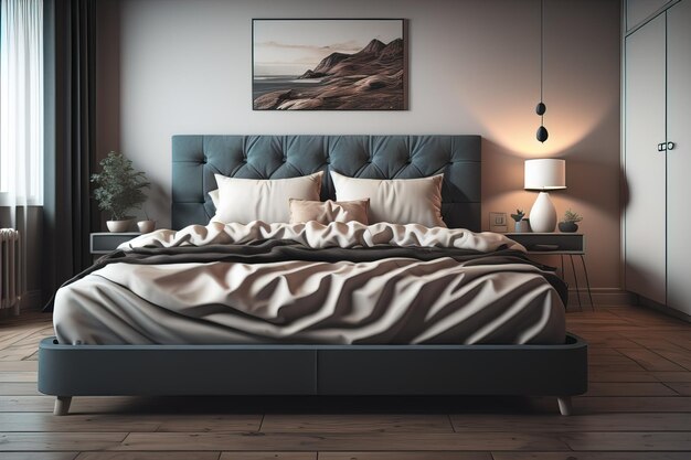 Moderne slaapkamer interieurontwerp met grijze muren houten vloer comfortabel king size bed met twee kussens ai generatief