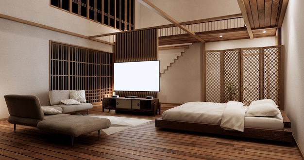 Moderne slaapkamer - japanse stijl. 3d-rendering