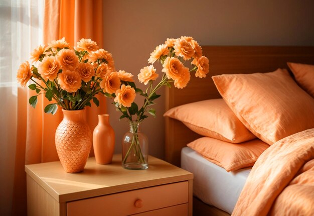 Moderne slaapkamer met close-up van bedkast bloemenvaas op de bedkast bij het bed