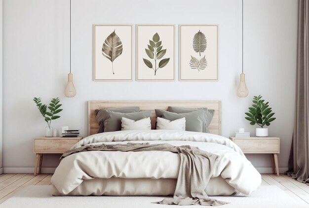 Moderne slaapkamer met drie frames en planten aan de zijkanten van het bed