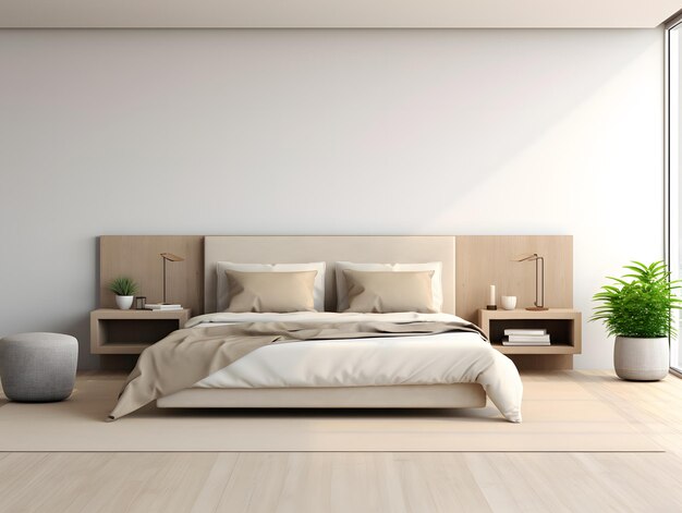Moderne slaapkamer met een beige bed en meubels.