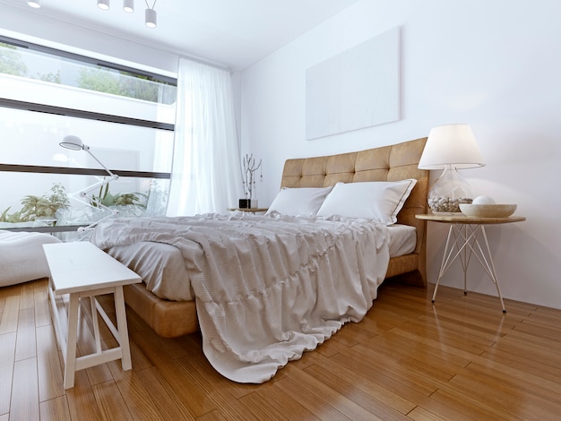 Moderne slaapkamer met kamerhoge ramen met licht hout laminaat en groot bed.