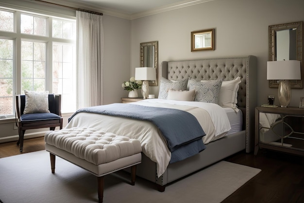 Moderne slaapkamer met meubels in traditionele stijl, slank ontwerp en functionele elementen