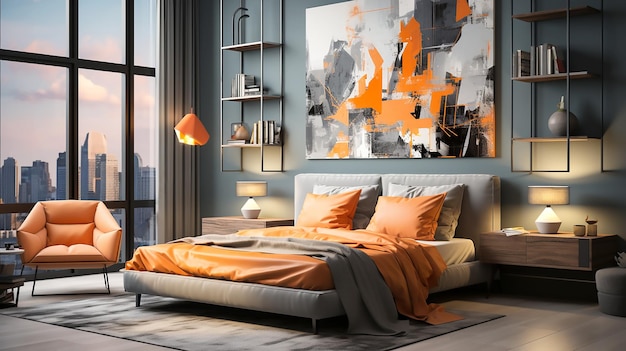 Moderne slaapkamerinterieur in grijze en oranje kleuren