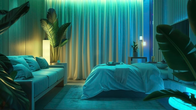 Moderne slaapkamerinterieur met blauwe neonlichten