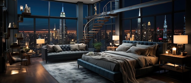 Moderne slaapkamerinterieur met panoramisch uitzicht