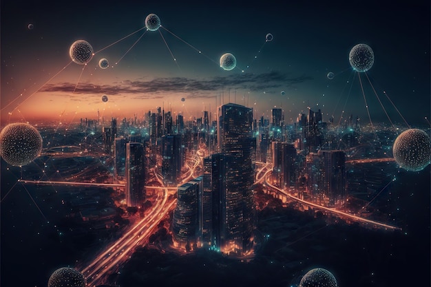 Moderne slimme stad met internetverbindingen, lijnen en stippen iot-concept gemaakt met generatieve ai