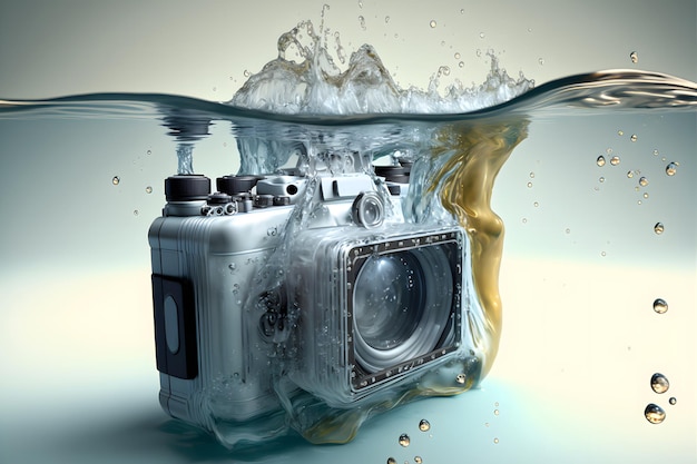 Moderne slr-fotocamera die onder water valt met waterspatten neuraal netwerk gegenereerde kunst