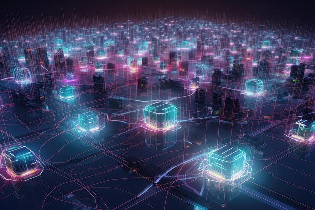 Moderne smart city-netwerk met onderling verbonden AI gegenereerd