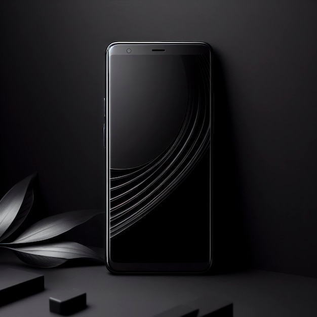 Moderne smartphone-apparaat met zwart scherm geïsoleerd op zwarte achtergrond met kopieerruimte ai