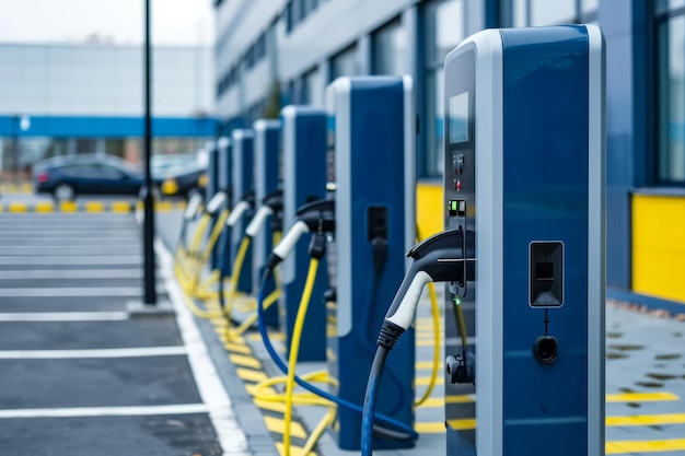 Foto moderne snelladers voor het opladen van elektrische voertuigen op de parkeerplaats generatieve ai