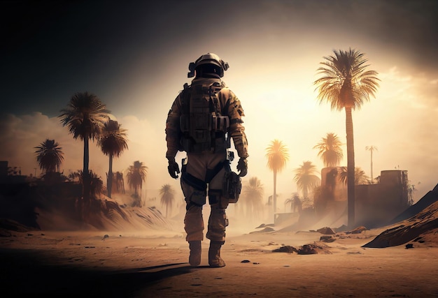 Moderne soldaten de volgende ochtend na een gevechtsscène uit een game- of filmconcept gemaakt met generatieve AI