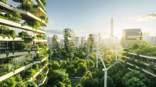 Moderne stadslandschap met windturbines en zonnepanelen Groen stadsconcept