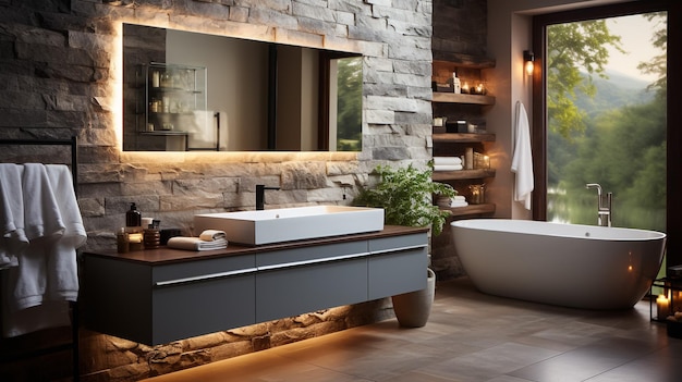 Foto moderne stedelijke hedendaagse badkamer wc interieurontwerp met donkerbruine tegels en mozaïeken 3d-rendering
