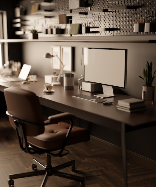 Foto moderne stedelijke loft bureau met computer op donkere houten tafel tegen de zwarte muur