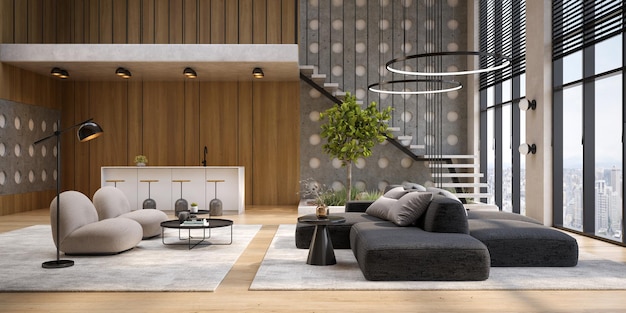 Moderne stijl conceptuele interieur kamer weids uitzicht 3d illustratie