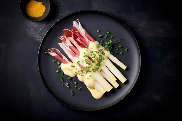 Moderne stijl traditionele gestoomde witte asperges met gezouten ham en hollandaisesaus geserveerd als bovenaanzicht op een Scandinavisch design bord met kopie ruimte genereren ai