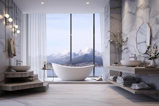 Moderne stijl van marmeren badkamer interieur versieren met badkuip spiegel en gootsteen minimale decor concept