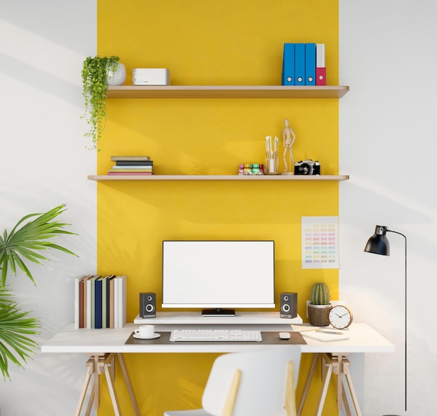 Moderne stijlvolle werkplek met desktopcomputermodel en wandplanken op gele muur