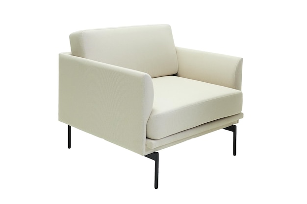 Moderne stoffen fauteuil met metalen poten geïsoleerd op een witte achtergrond zijaanzicht
