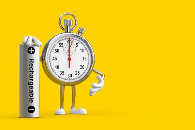 Moderne stopwatch stripfiguur mascotte met oplaadbare batterij 3D-rendering