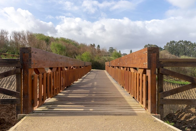 Moderne structuur houten brug in het midden van een park met wolken op de achtergrond