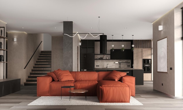 Moderne studio keuken interieur met sofa en floortoceiling windows 3d render