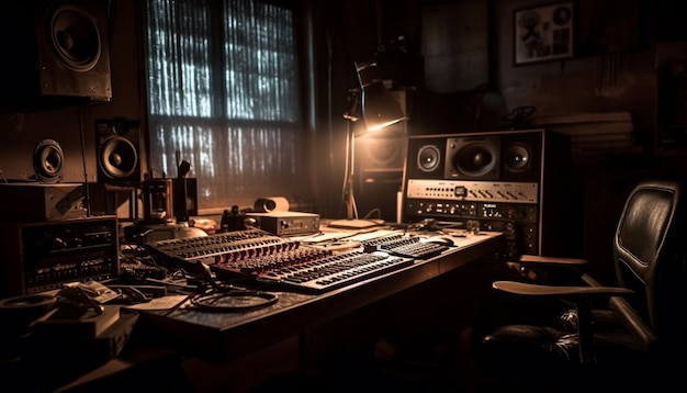 Moderne studioapparatuur verlicht de door AI gegenereerde donkere nachtclub