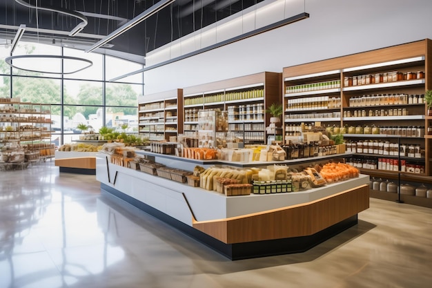 Moderne supermarktinterieur met minimalistische planken en gepolijste betonnen vloeren